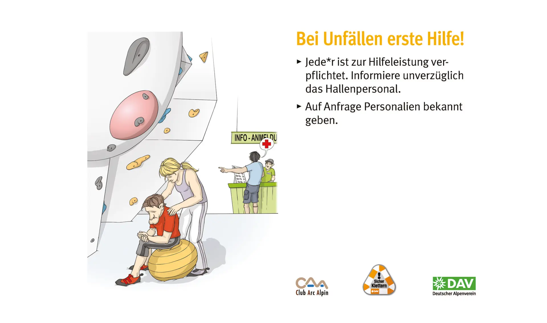Hallenregeln für Klettern vom DAV. Regel Nummer fünf: Bei Unfällen helfen | © DAV