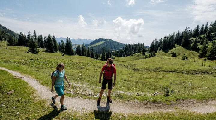 Zwei Wanderer auf einem Bergpfad in den Chiemgauer Alpen | © DAV/Hans Herbig