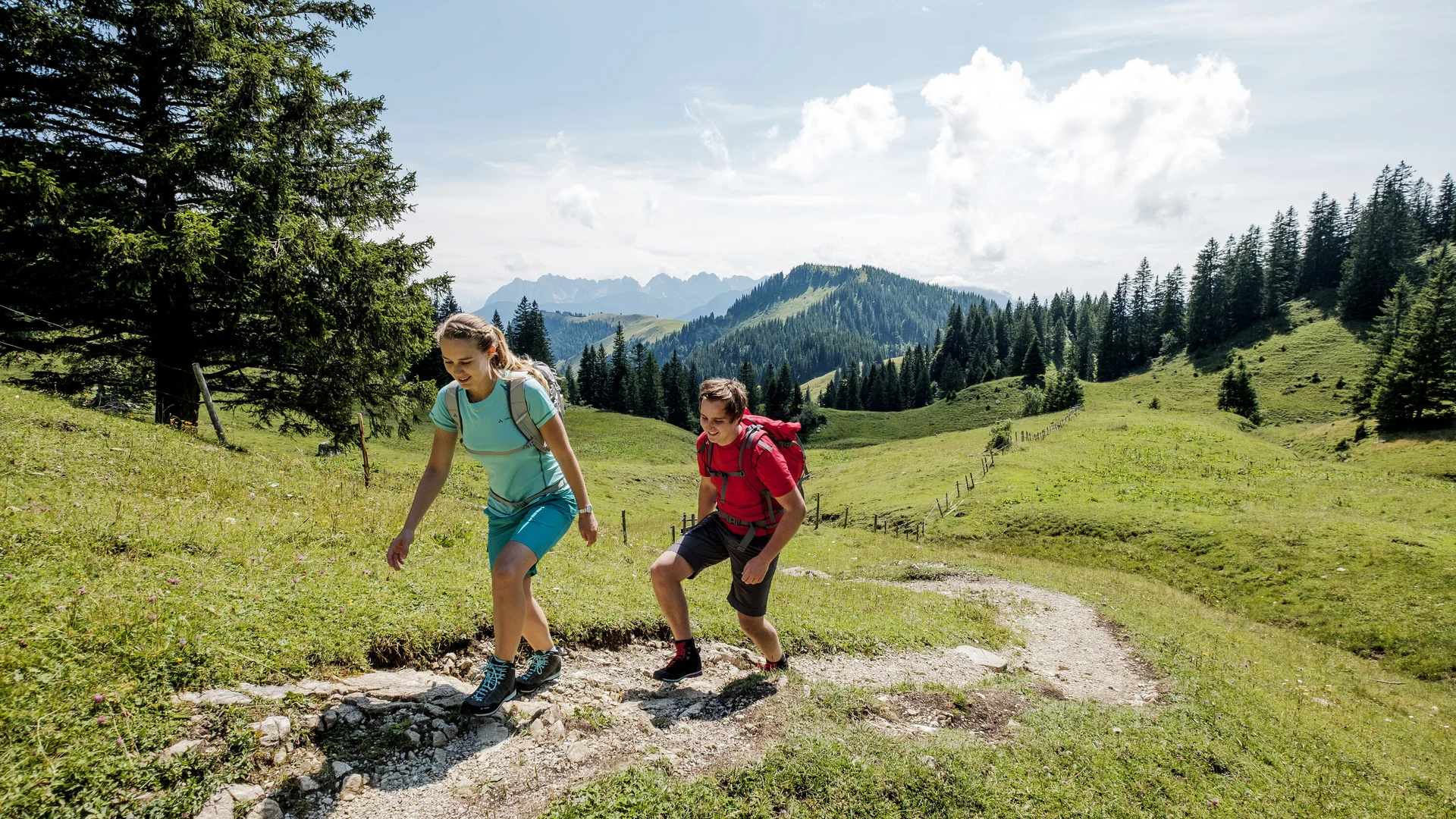 Wandern in den Chiemgauer Bergen | © DAV/Hans Herbig Zwei Wanderer auf einem Bergpfad in den Chiemgauer Alpen | © DAV/Hans Herbig